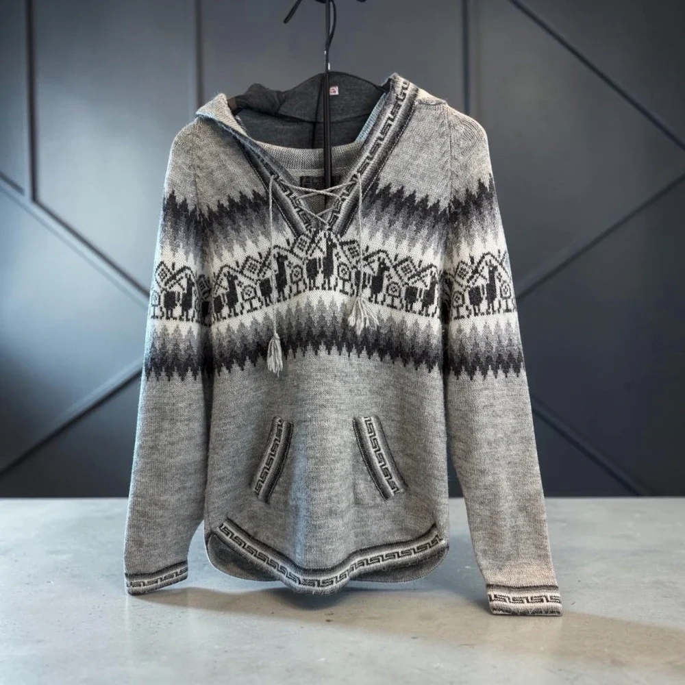 Arte Inka Berfas Alpaca Hooded Fair Isle Lace Up Sweater Peru Women's Gray Med